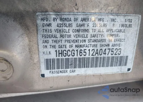 2002 Honda Accord 3.0 Ex z USA, uszkodzony, nr VIN 1HGCG16512A047523